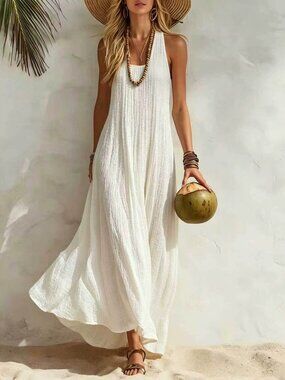 Women's White Striped Collared Short-Sleeve Relaxed Maxi Shirt Dress